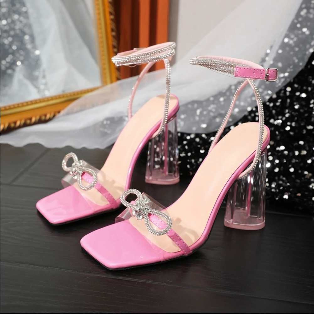 Pink Crystal Bow Block Heel Sandals with Ankle Wrap